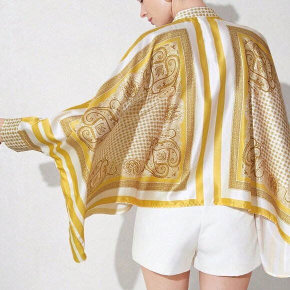 Yellow Women's Casual Color Block Print Design Long Sleeve Loose Fit Blouse - Picture 2 of 6